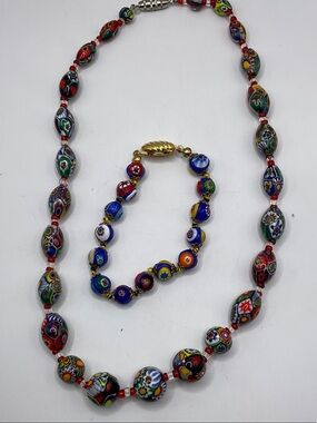 Vintage Multicolor Millefiori Glass Bead Necklace with Matching Bracelet